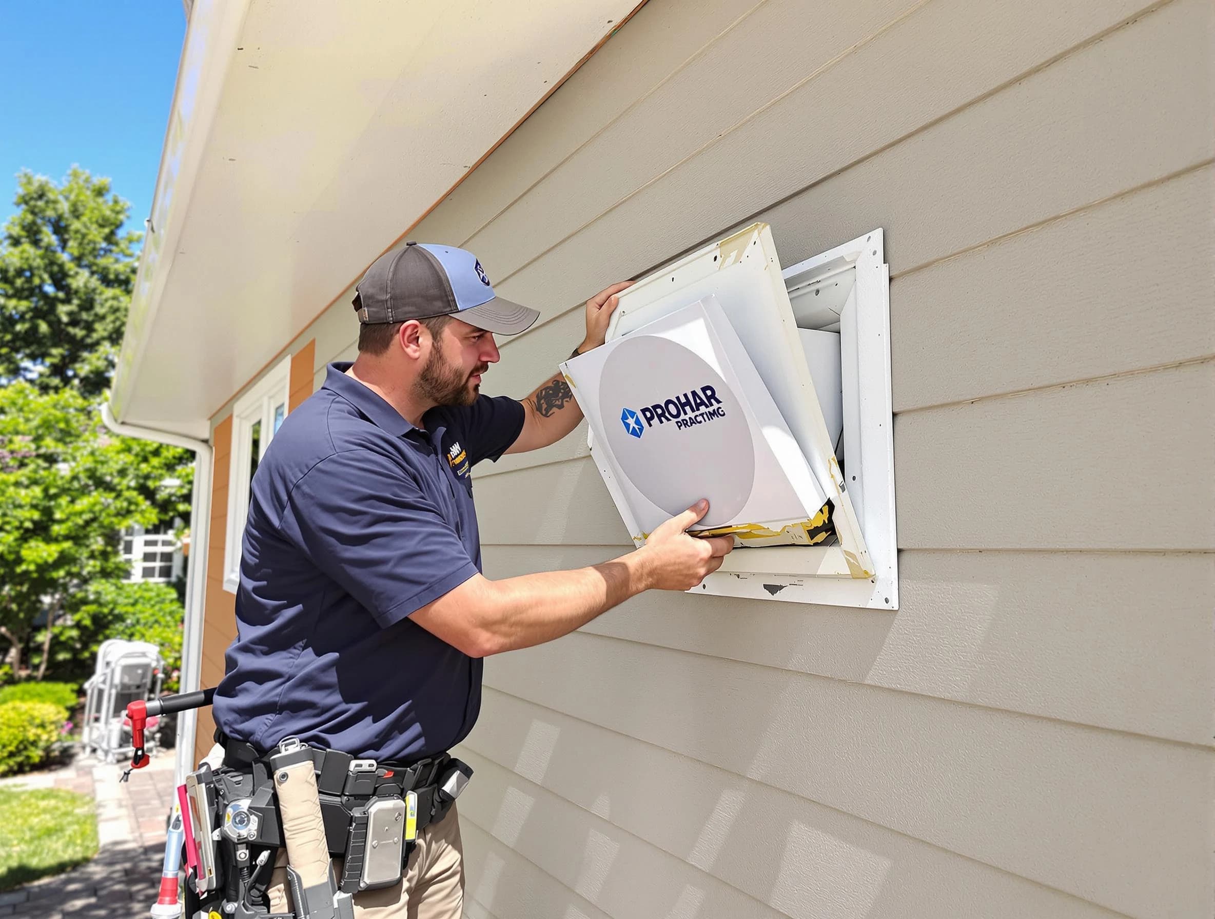 Thompson's Station Dryer Vent Cleaning technician installing a new protective dryer vent cover on a home in Thompson's Station